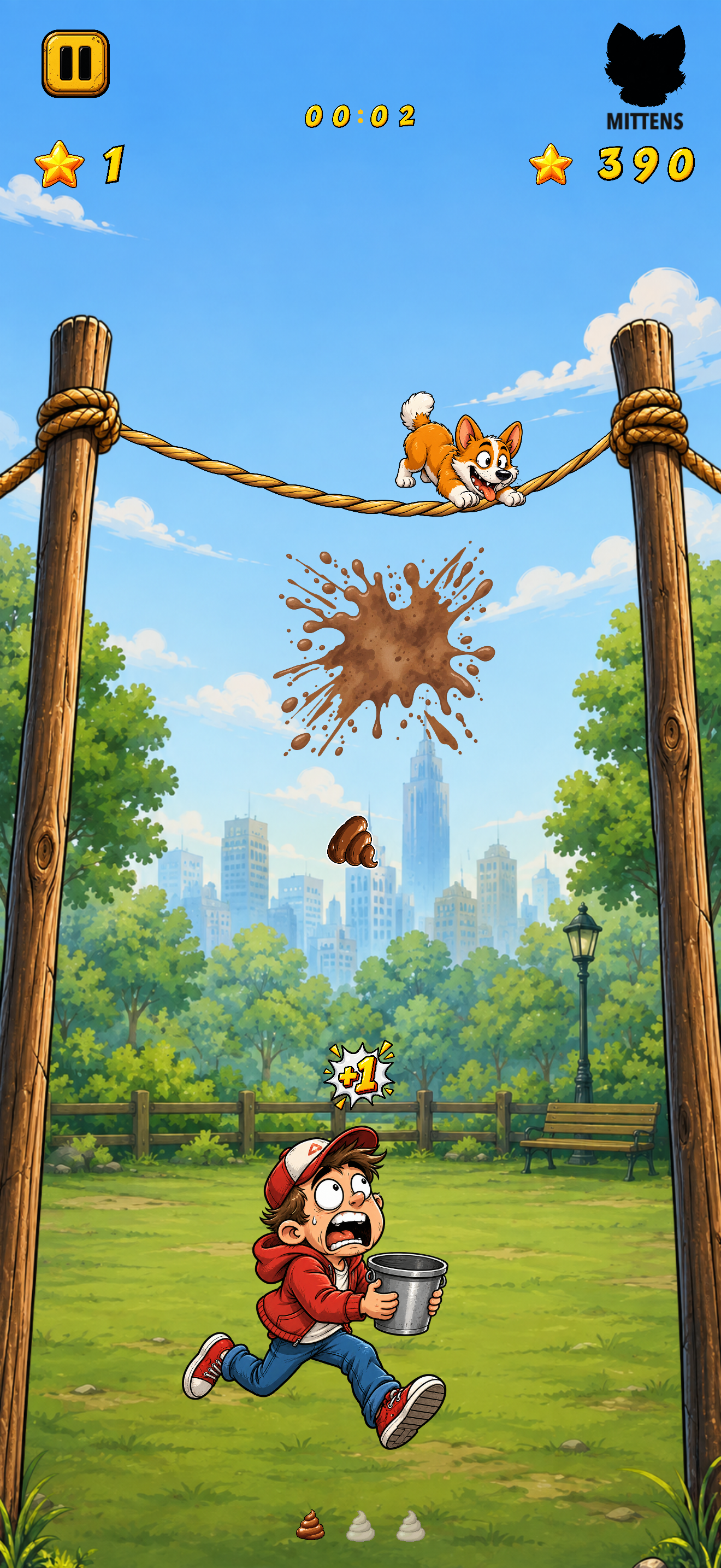 Holy Poop! gameplay: a boy with a bucket catching poop beneath a corgi on a rope in a city park.