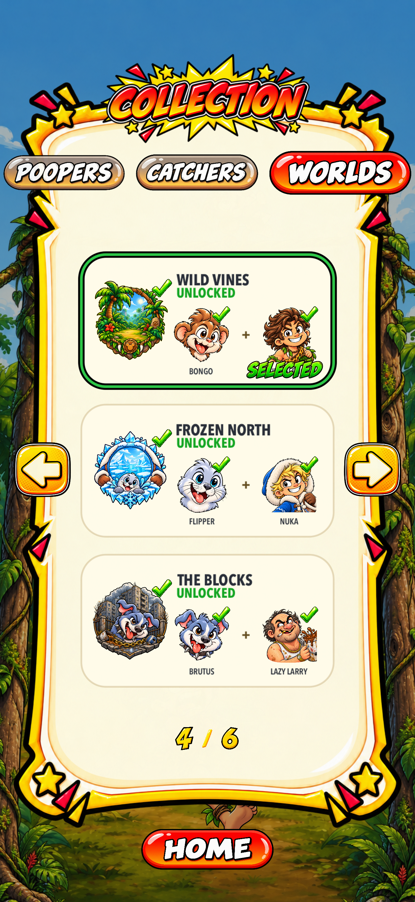 Holy Poop! world collection showing Wild Vines, Frozen North, and The Blocks unlocked, with their characters.