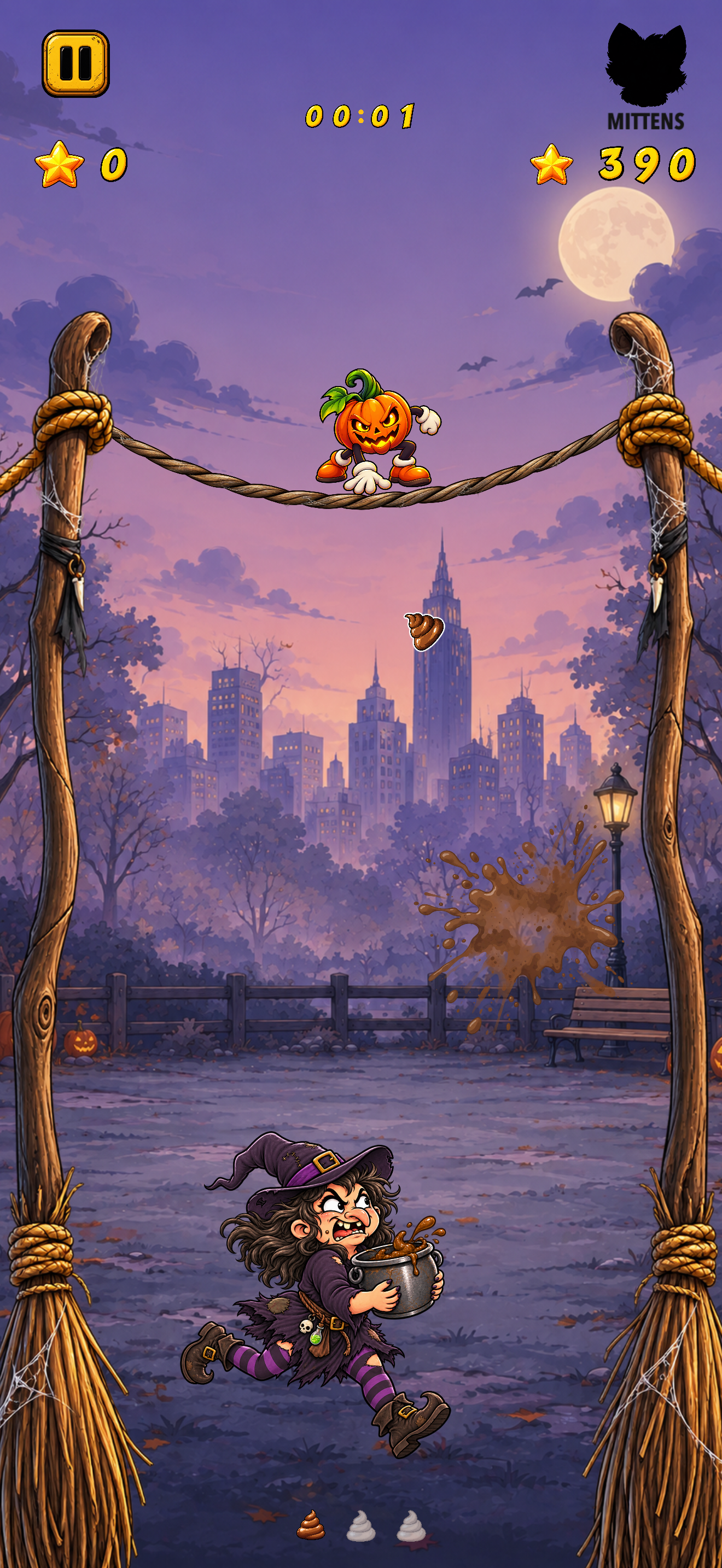 Holy Poop! gameplay: a witch with a cauldron catching poop beneath a pumpkin character on a rope in a moonlit park.
