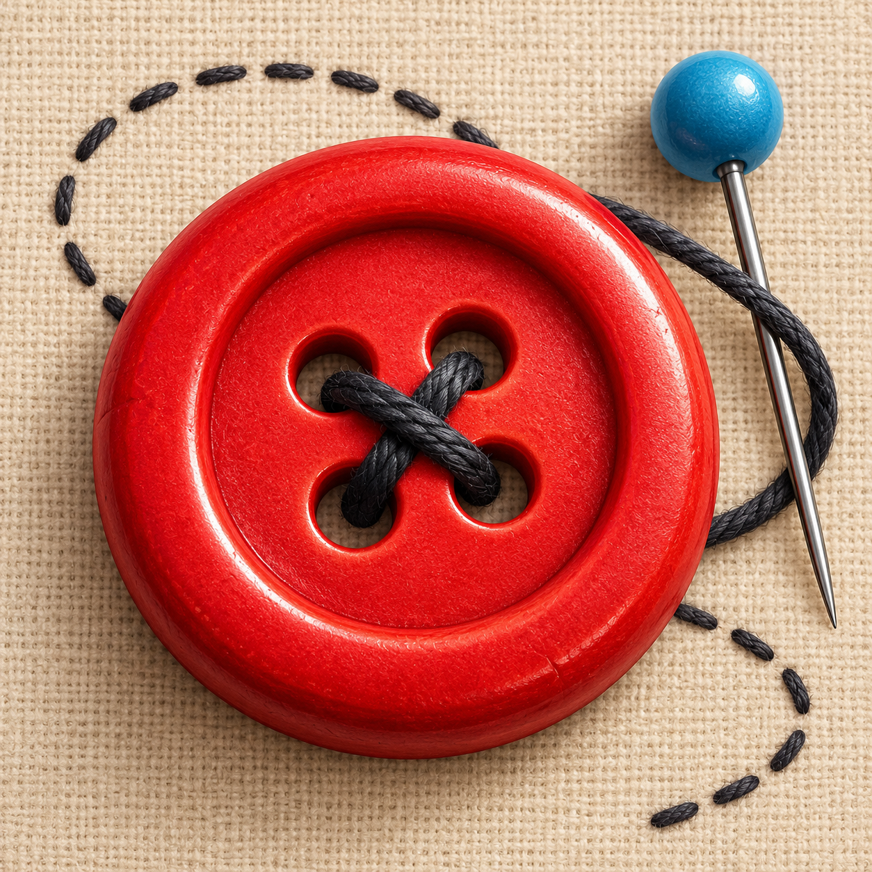 Last Button artwork: a red button sewn with black thread on cream fabric beside a blue sewing pin.