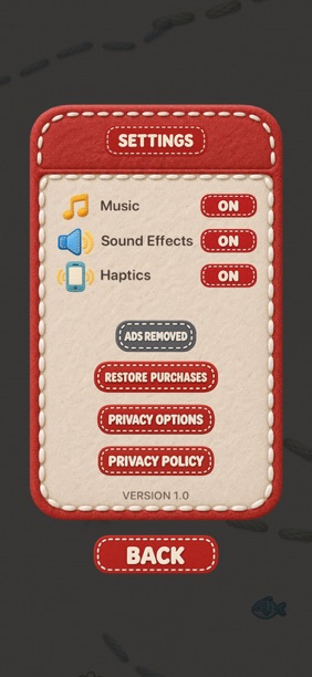 Last Button stitched Settings panel with Music, Sound Effects, and Haptics switches, an Ads Removed status, and Restore Purchases, Privacy Options, Privacy Policy, and Back buttons.