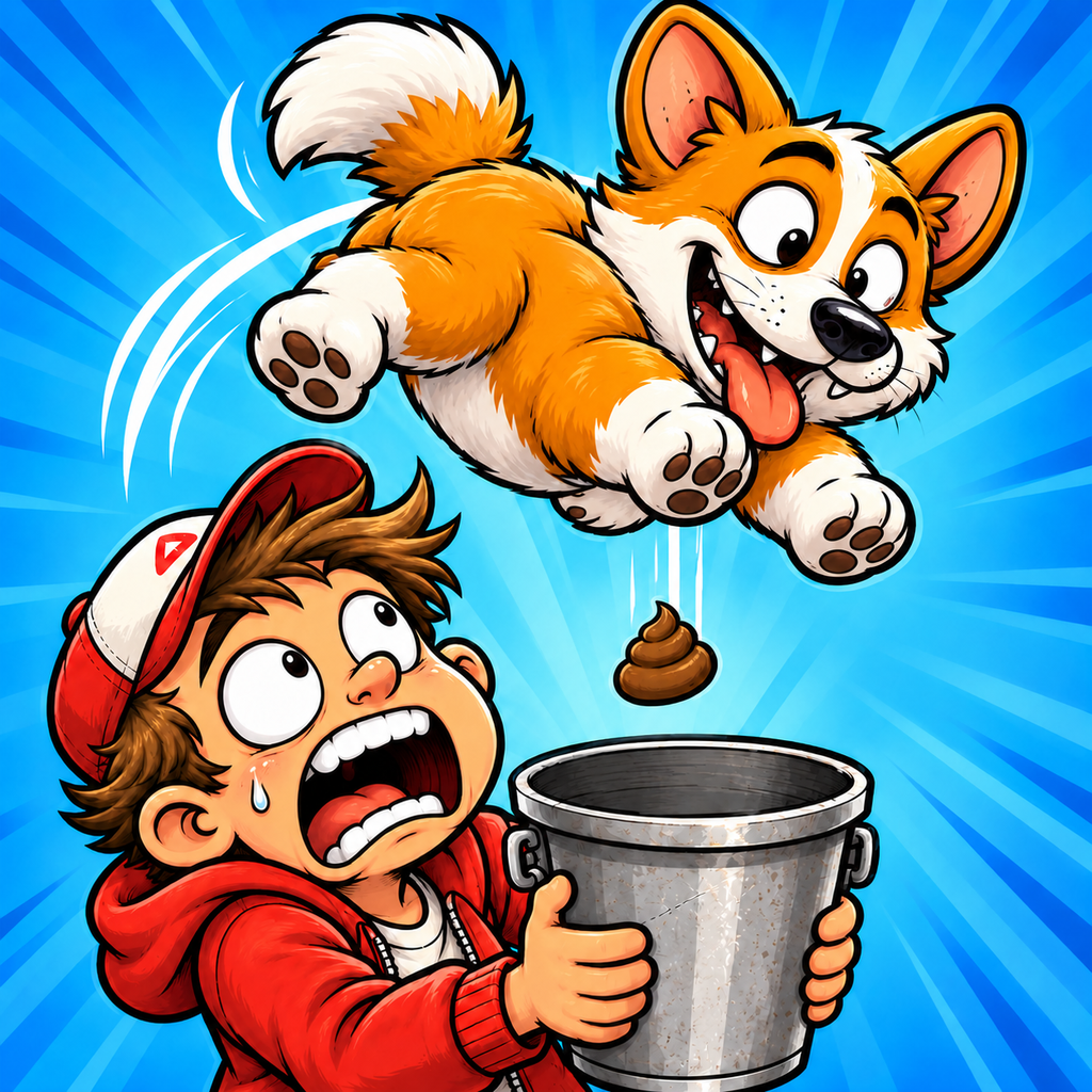 Holy Poop! artwork: a flying corgi and a surprised boy catching poop in a bucket.